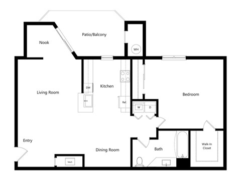 Floor plan for 1 bed, 1 bath, 790 sqft